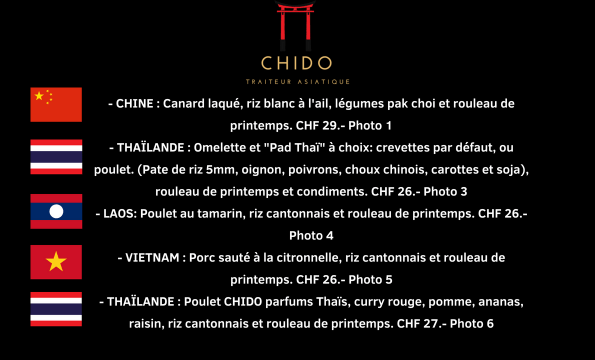 CHIDO | TRAITEUR ASIATIQUE A DOMICILE | CHF 20.- offerts